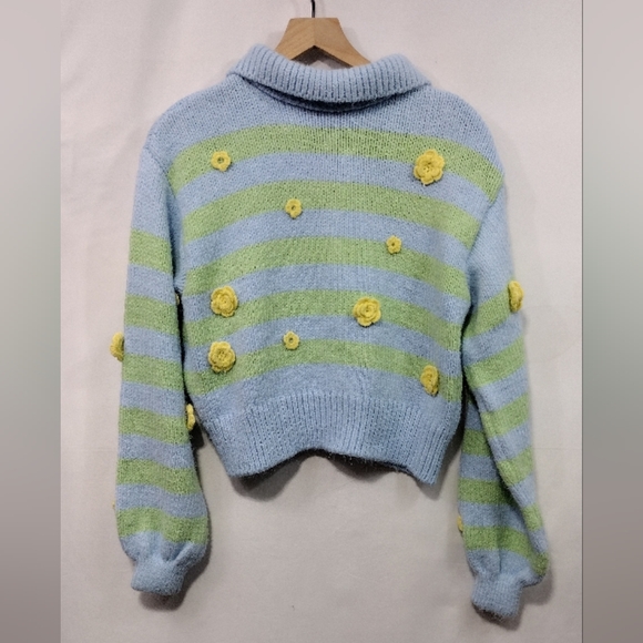 Zara Embroidered Floral Striped Sweater Women's M Blue Green Cottagecore Preppy - Picture 7 of 10
